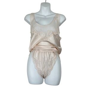 1980s Oscar de la Renta Vintage Satin Lace Lingerie Set Blush Pink SZ MED